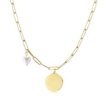 Disc Coin with Love-shaped Pearl Pendant Necklace